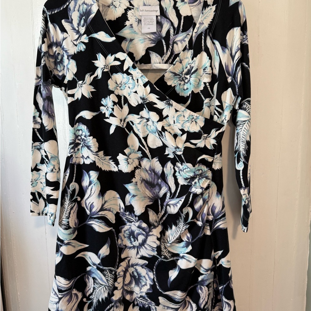 Soft Surroundings Floral Black 3/4 Sleeve Faux Wrap Dress Women’s Size PS